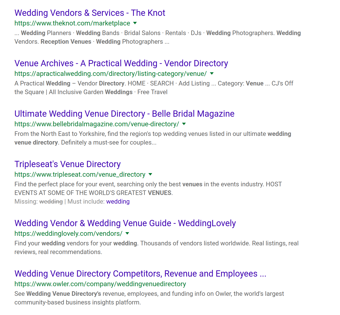 Google Search Results of Wedding Venue Directories