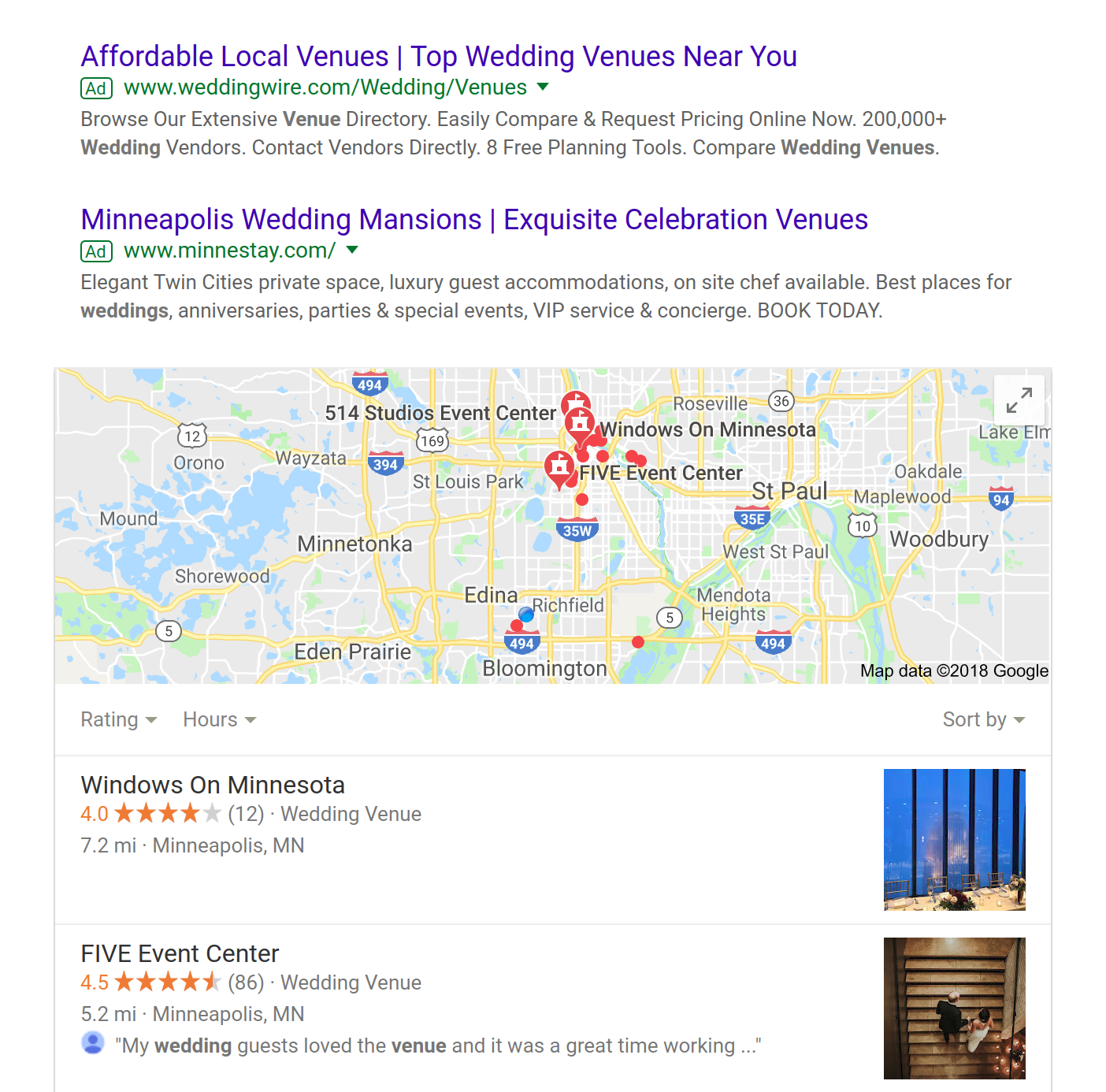 google search results of wedding venue advertising