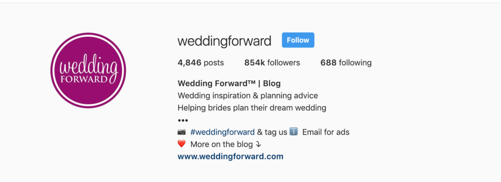 Screen shot of the instagram account weddingforwad's bio