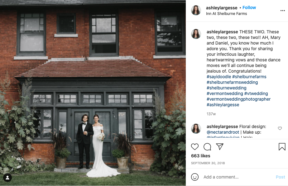 Screen shot of the instagram account ashleylargesse's post shouting out the bride and groom.