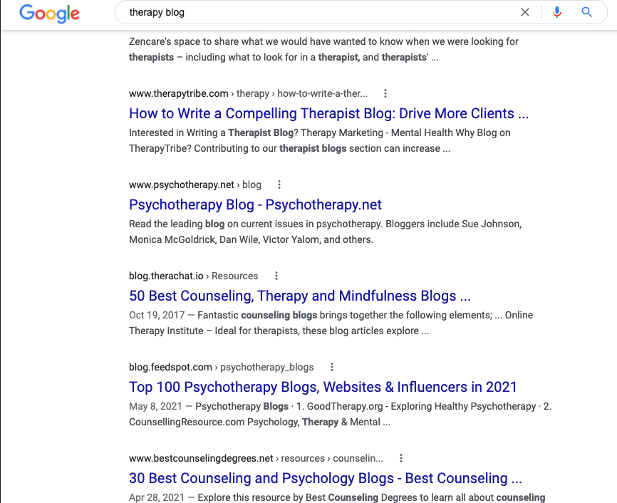 Therapists blogs ranking on Google.