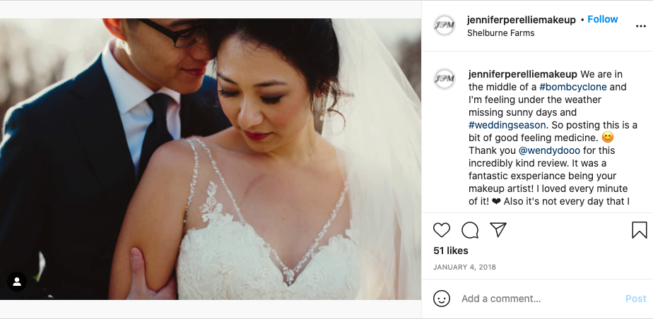 Screen shot of the instagram account jenniferperelliemakeup's post shouting out the married couple.