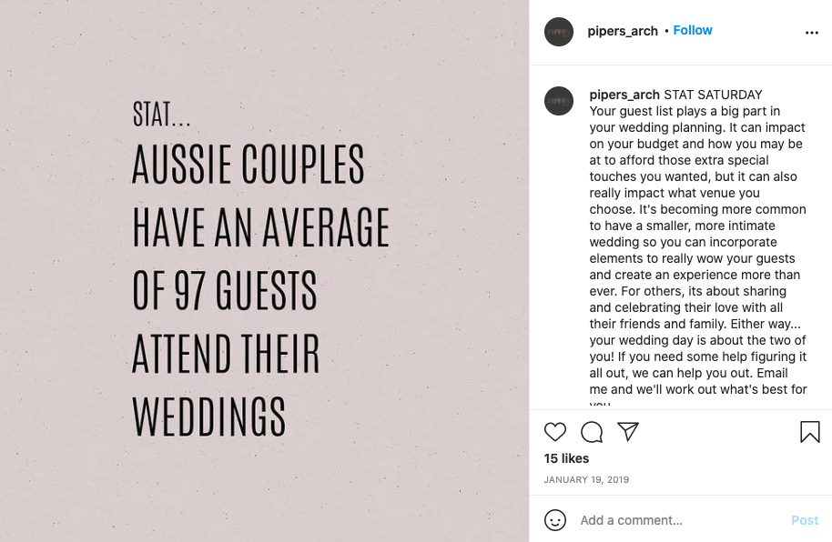 Stat that "Aussie couples have an average of 97 guests attend their weddings."