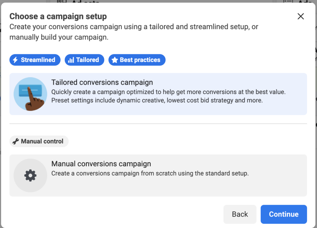 Choosing a campaign setup on facebook