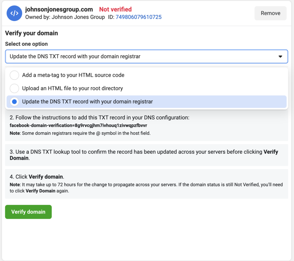 update the DNS TXT record with your domain registrar