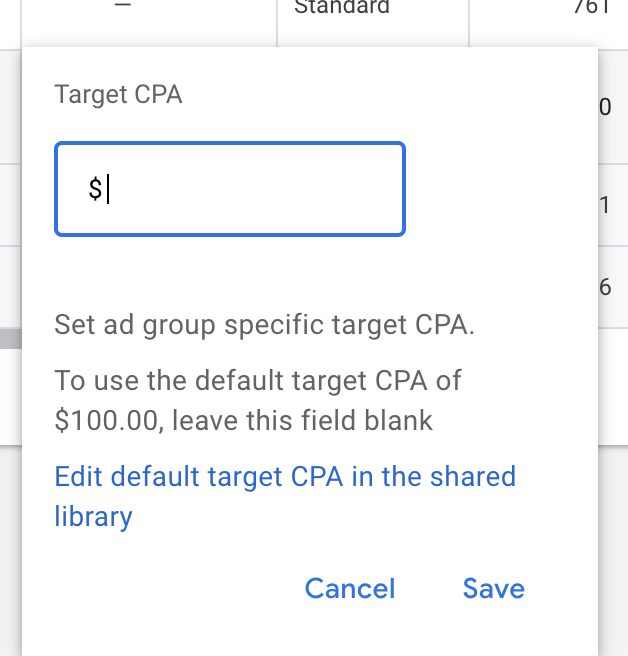 Click on edit default target CPA in the shared library